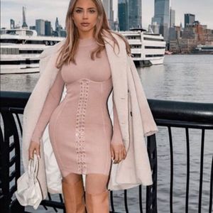 Crossover Lacing Solid Mini Bodycon pink Dress  L